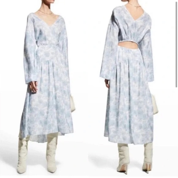 Vince Dahlia Floral Summer Dress Long Sleeve V Neck Women M Baby Blue White - Picture 14 of 16